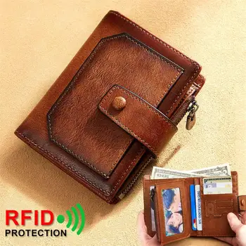 Винтажный мужской кошелек из натуральной кожи с RFID-блокировкой Trifold, Короткий многофункциональный зажим для денег, кошелек для монет на молнии большой емкости