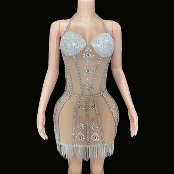 Сексуальное блестящее серебряное платье с бахромой из страз, сетчатое прозрачное короткое платье с кристаллами для празднования Дня рождения, одежда для сцены 15