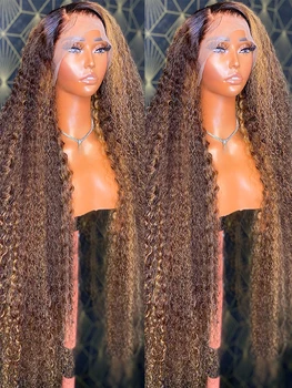Выделите Омбре Вьющиеся парики из человеческих волос HD Прозрачный парик на кружеве 13x4, светлый парик на кружеве с глубокой волной 30 дюймов, для женщин 6