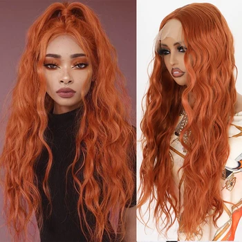 Maycaur Имбирно-оранжевый синтетический парик на кружеве из термостойких волокнистых волос, длинные волнистые парики для женщин 2