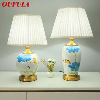Современная керамическая настольная лампа OUFULA со светодиодной подсветкой в китайском стиле с креативным рисунком листьев лотоса для дома, гостиной, спальни 7