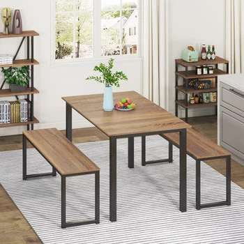 Homury Обеденный стол из 3 предметов, уголок для завтрака с двумя скамейками для столовой, кухни, промышленного назначения коричневого цвета 10