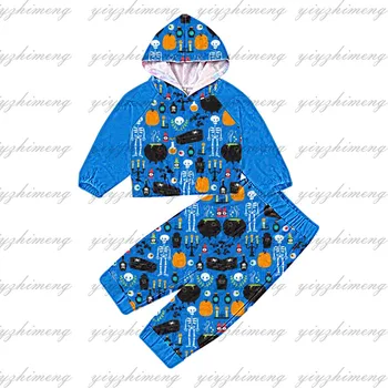 Детская одежда для маленьких мальчиков в стиле Хэллоуина, голубая ткань с рисунком тыквы, бутик, брюки с длинными рукавами, костюм, детская одежда 9