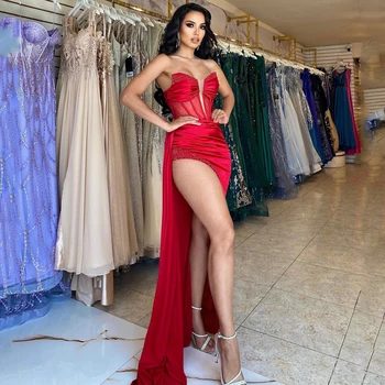 Сексуальные красные платья для выпускного вечера, Русалка, вечернее платье с высоким разрезом, расшитое бисером, вечерние платья для коктейлей в Саудовской Аравии нестандартного размера