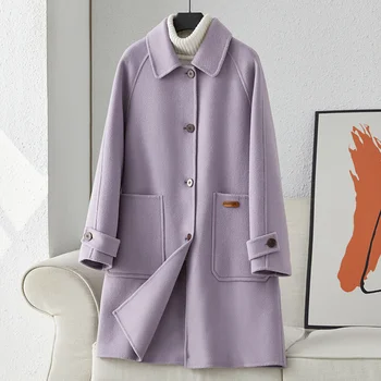Осень/зима 2023, Новое фиолетовое двустороннее кашемировое пальто, женское пальто средней длины из 100% чистой шерсти, маленькое 1