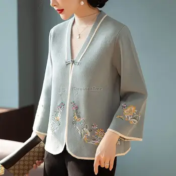 2023 китайский женский костюм тан с v-образным вырезом и длинным рукавом с вышивкой, топ, вязаный кардиган большого размера, весенне-осеннее модное пальто s610 14