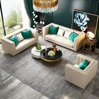 Мебель для гостиной современный светлый роскошный кожаный диван, сочетание постмодернистского дивана 14