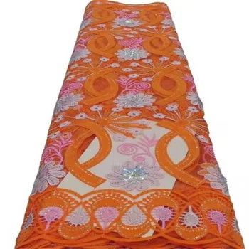 5 Ярдов оранжевой нигерийской кружевной ткани, высококачественное французское сетчатое кружево с камнями для нигерийского пошива большого случайного свадебного платья 3