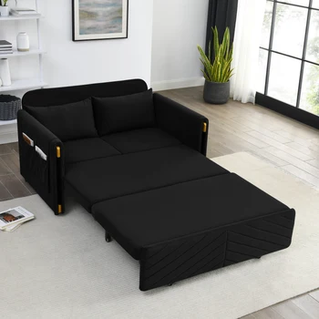 Черный бархатный диван Loveseat с 2 съемными карманами для рук, с выдвижной кроватью, 2 подушками и регулируемой спинкой для гостиной 2