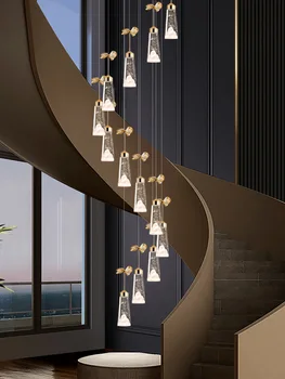 Двухуровневая лестничная люстра на вилле, полая длинная люстра, современный простой светильник для апарт-отеля в стиле лофт, вращающийся хрустальный светильник для лестницы 21