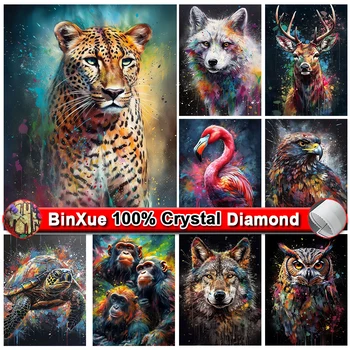 BinXue 5D DIY Цветное животное, 100% Картина из кристаллов, Тигр, Сова, Вышивка крестом, Черепаха, Волк, Алмазная мозаика ручной работы, подарок 3