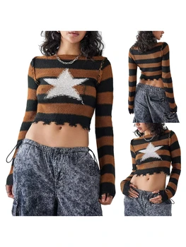 Женский свитер со звездами, приталенные топы с круглым вырезом и длинным рукавом, пуловеры, свитера, Соединительные кабели, вязаный винтажный свитер 5
