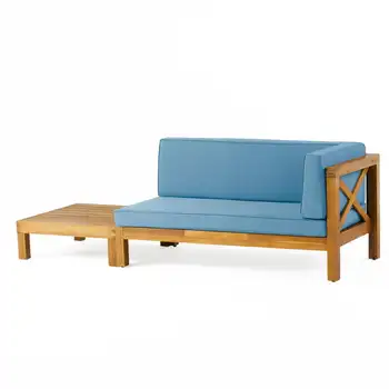 Диванчик для отдыха с правым подлокотником из дерева акации и журнальный столик с подушкой из тикового дерева синего цвета 5